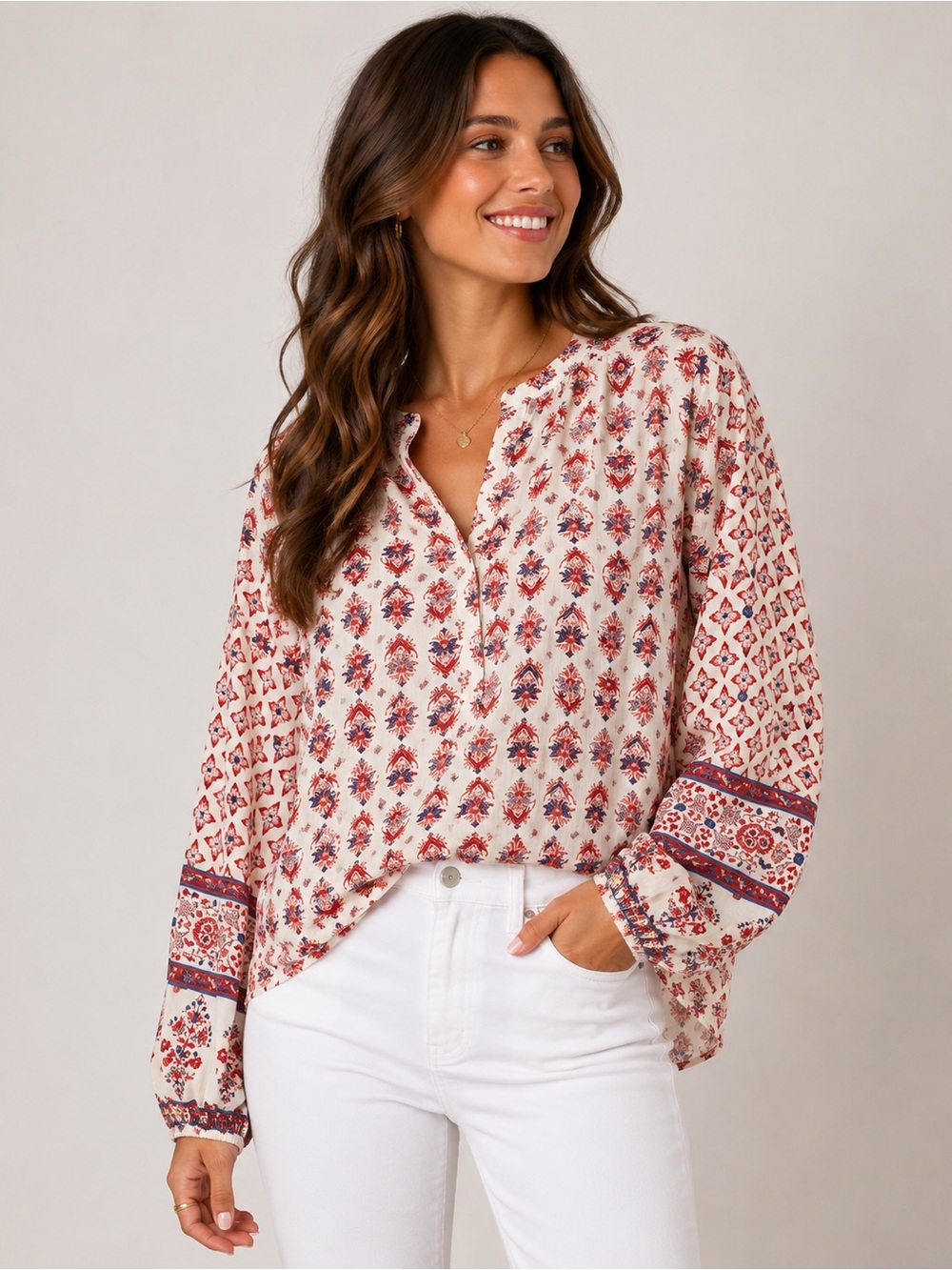 Lucky Brand Floral Print Peasant Cottagecore Blouse Red White Blue 2024 Size XL